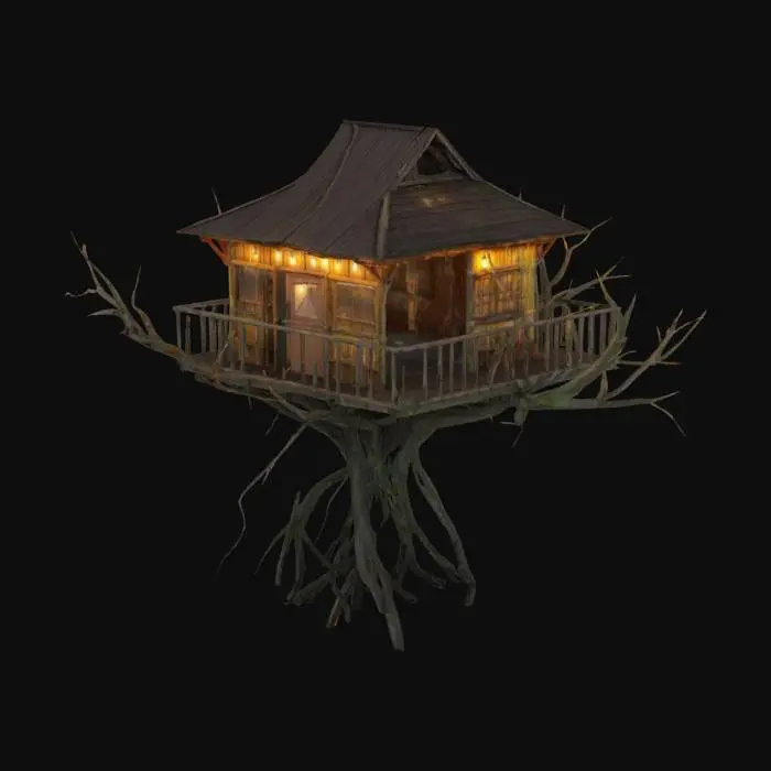 3D model for a swampy bog tree house vendor hut. Warm small lights cover the treehouse. Ultra realistic. 