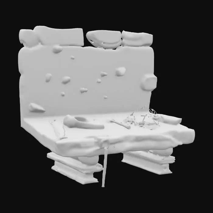 3D model for A weathered stone workbench infused with glowing blue-green energy veins. Strange glyphs pulse softly across its surface, and floating metallic shards hover above, assembling themselves into tools or weapons when interacted with. The edges are adorned with ancient bone carvings and remnants of shattered relics, hinting at forgotten craftsmanship

