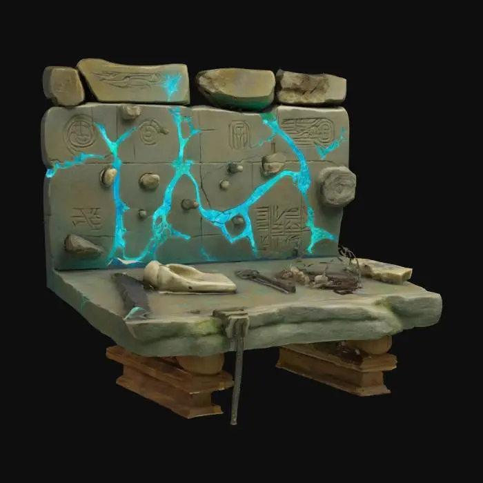 3D model for A weathered stone workbench infused with glowing blue-green energy veins. Strange glyphs pulse softly across its surface, and floating metallic shards hover above, assembling themselves into tools or weapons when interacted with. The edges are adorned with ancient bone carvings and remnants of shattered relics, hinting at forgotten craftsmanship

