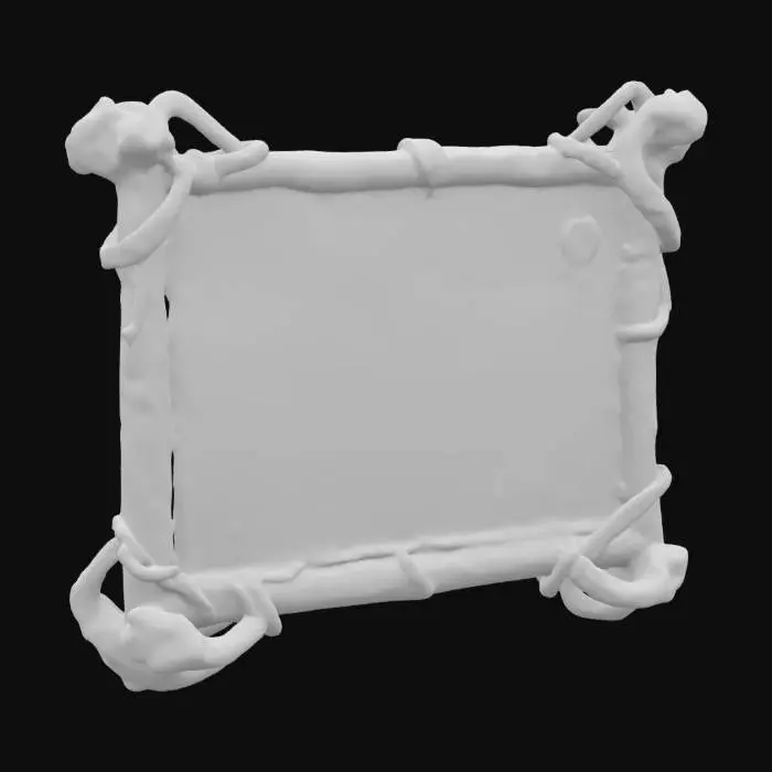 3D model for ultra realistic 3D model of a suspended ancient map with a blank canvas. The map is framed by weathered, cracked animal bones, adorned with faded, ancient symbols and mystical carvings. Four thick, fraying ropes suspend the frame, worn from centuries of use. The map itself is an empty, yellowed canvas, as if awaiting forgotten knowledge or a lost civilization’s secrets. The bones show signs of decay, with deep cracks and intricate carvings, while the ropes have aged into almost thread-like strands. The scene is bathed in soft, eerie light that highlights the textures of the bones and ropes, casting dark, shadowy contrasts, evoking the feeling of an ancient artifact, forgotten in time.