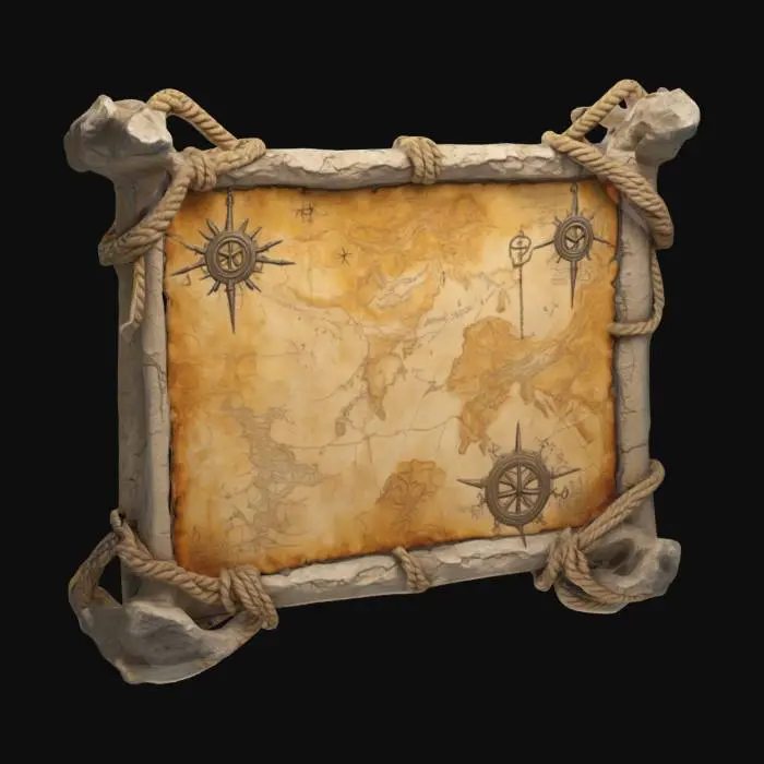 3D model for ultra realistic 3D model of a suspended ancient map with a blank canvas. The map is framed by weathered, cracked animal bones, adorned with faded, ancient symbols and mystical carvings. Four thick, fraying ropes suspend the frame, worn from centuries of use. The map itself is an empty, yellowed canvas, as if awaiting forgotten knowledge or a lost civilization’s secrets. The bones show signs of decay, with deep cracks and intricate carvings, while the ropes have aged into almost thread-like strands. The scene is bathed in soft, eerie light that highlights the textures of the bones and ropes, casting dark, shadowy contrasts, evoking the feeling of an ancient artifact, forgotten in time.