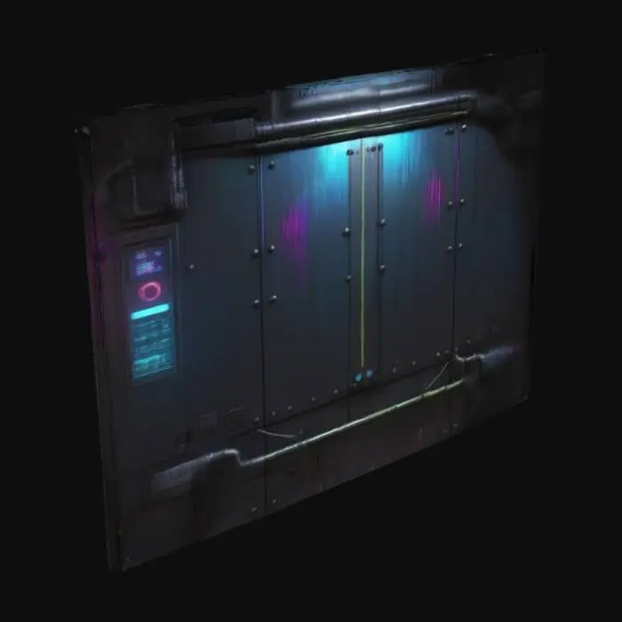 3D model for A heavily textured industrial wall with dark metal panels, exposed pipes, and glowing neon circuitry running through its surface. Small vents release bursts of steam, while embedded cables and flickering holographic displays add to its high-tech, cyberpunk aesthetic