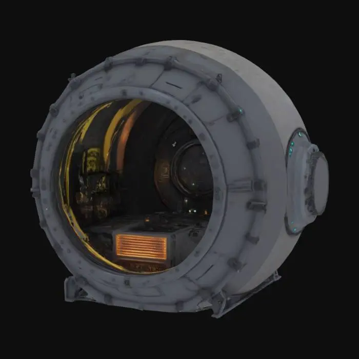 3D model for A heavily textured moon base curved corner wall with dark metal panels, space equipment, and glowing circuitry running through its surface. Small vents release bursts of steam, while embedded cables and flickering holographic navigational displays add to its high-tech appearance. 