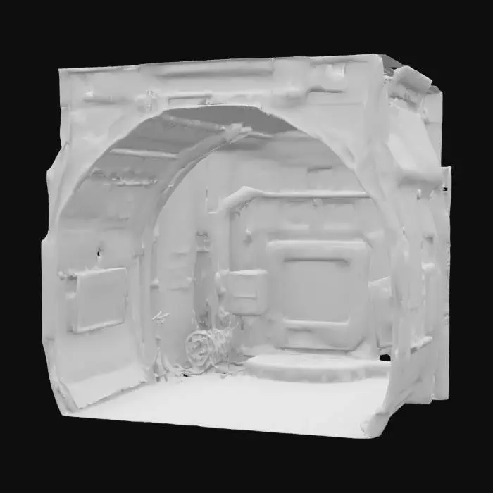 3D model for A heavily textured moon base curved wall with light metal panels, space equipment, and glowing circuitry running through its surface. Embedded industrial cables and flickering holographic navigational table displays add to its high-tech, futuristic aesthetic. 