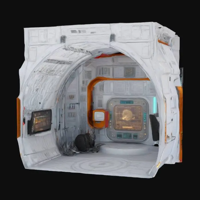 3D model for A heavily textured moon base curved wall with light metal panels, space equipment, and glowing circuitry running through its surface. Embedded industrial cables and flickering holographic navigational table displays add to its high-tech, futuristic aesthetic. 