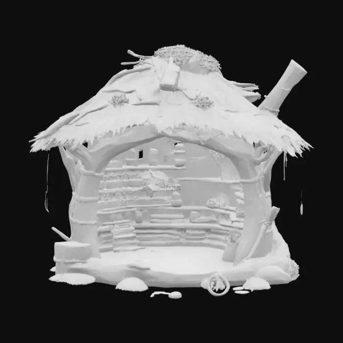 3D model for a swampy bog tree house medicine vendors hut. Warm small lights cover the treehouse. Ultra realistic. 
