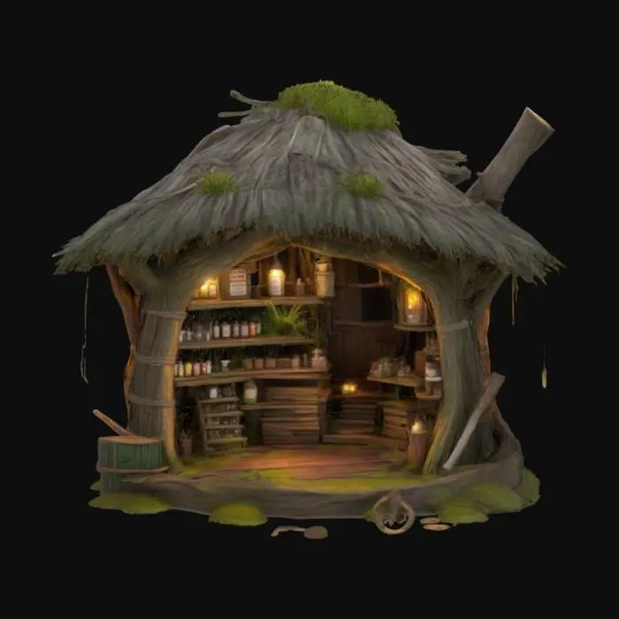 3D model for a swampy bog tree house medicine vendors hut. Warm small lights cover the treehouse. Ultra realistic. 