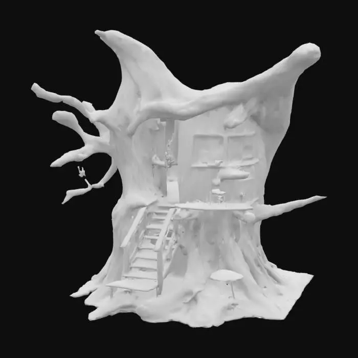 3D model for a swampy bog tree house weaopn marketplace. Warm small lights cover the treehouse. Ultra realistic. 