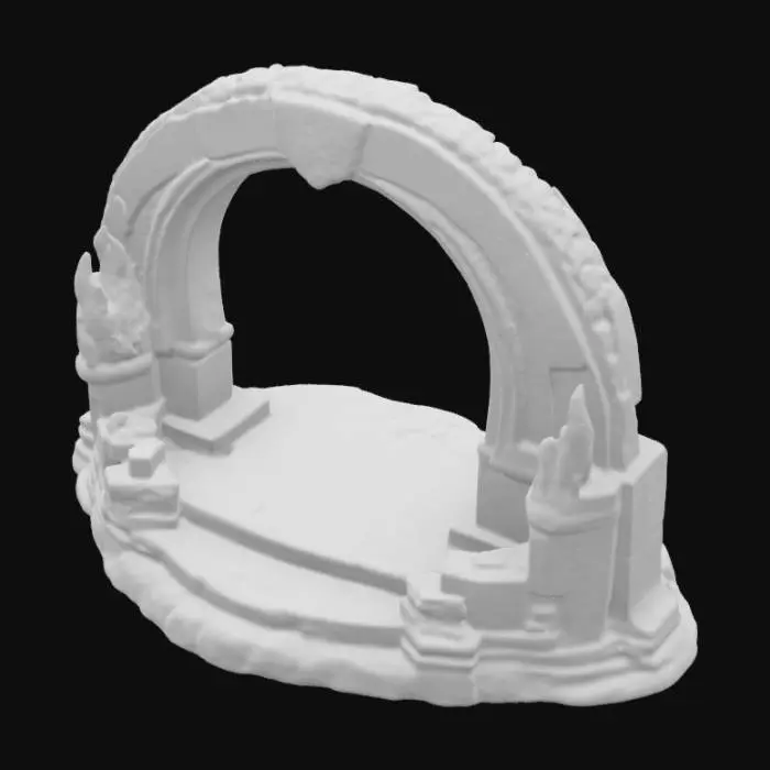 3D model for an ancient circular artifact archway made of stone with broken metal shards glowing with ancient markings