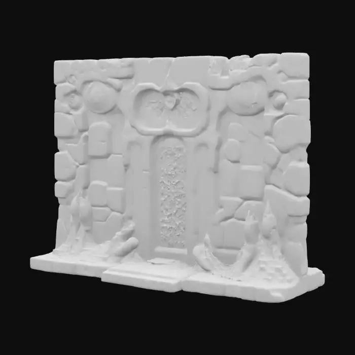 3D model for Highly detailed ancient modular wall crafted from weathered stone with deeply carved, intricate temple-like designs. Covered in green hieroglyphics and blue celestial symbols, the wall displays millennia of wear, with sections cracked and chipped, revealing forgotten, glowing runes, lightly covered in growing tree roots. The carvings include ornate, organic patterns intertwined with mystic shapes, and some panels feature ancient relics embedded within the stone. The surface has a worn, crumbling texture, emanating a mystical energy, as if untouched by time yet holding untold power