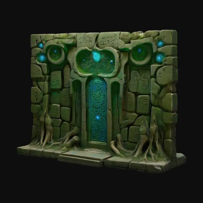 3D model for Highly detailed ancient modular wall crafted from weathered stone with deeply carved, intricate temple-like designs. Covered in green hieroglyphics and blue celestial symbols, the wall displays millennia of wear, with sections cracked and chipped, revealing forgotten, glowing runes, lightly covered in growing tree roots. The carvings include ornate, organic patterns intertwined with mystic shapes, and some panels feature ancient relics embedded within the stone. The surface has a worn, crumbling texture, emanating a mystical energy, as if untouched by time yet holding untold power