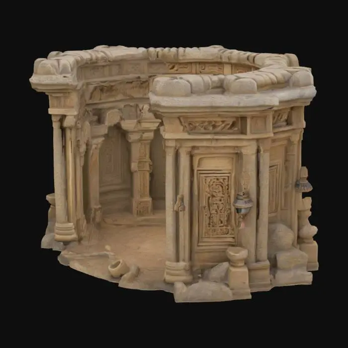 3D model for Highly detailed ancient modular wall crafted from weathered stone with deeply carved, intricate temple-like designs. Digging tools and ancient items hang on the wall. Ancient lanterns hanging on the wall. 
