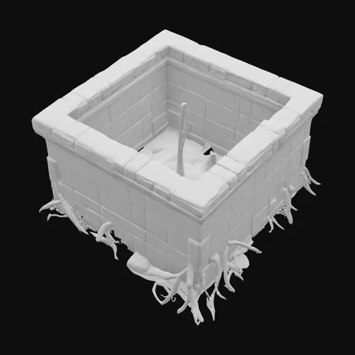 3D model for Highly detailed long ancient modular wall crafted from weathered stone with deeply carved, intricate temple-like designs. Covered in green hieroglyphics and blue celestial symbols, the wall displays millennia of wear and mystery, with sections cracked and chipped, revealing forgotten, glowing runes, lightly covered in growing tree roots. The carvings include ornate, organic patterns intertwined with mystic shapes, and some panels feature ancient relics embedded within the stone. The surface has a worn, crumbling texture, emanating a mystical energy, as if untouched by time yet holding untold power