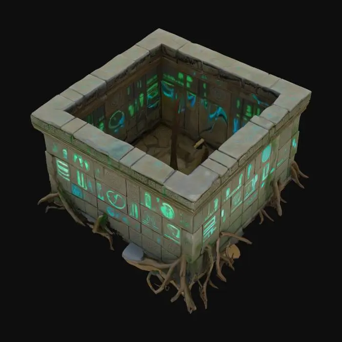 3D model for Highly detailed long ancient modular wall crafted from weathered stone with deeply carved, intricate temple-like designs. Covered in green hieroglyphics and blue celestial symbols, the wall displays millennia of wear and mystery, with sections cracked and chipped, revealing forgotten, glowing runes, lightly covered in growing tree roots. The carvings include ornate, organic patterns intertwined with mystic shapes, and some panels feature ancient relics embedded within the stone. The surface has a worn, crumbling texture, emanating a mystical energy, as if untouched by time yet holding untold power