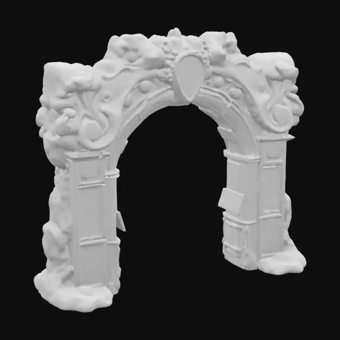 3D model for ancient archway made of dark stone, intricately carved with red ancient carvings. The stone should appear aged and eroded, with cracks running through the surface. The archway is dripping with a glowing, blue ooze, which trickles down the stone, pooling at the base. The ooze should have a liquid, otherworldly texture, emitting a faint bioluminescent glow. Soft ambient light should illuminate the archway, casting eerie reflections on the glowing ooze and emphasizing the detailed carvings and cracked stone. , #arch#,