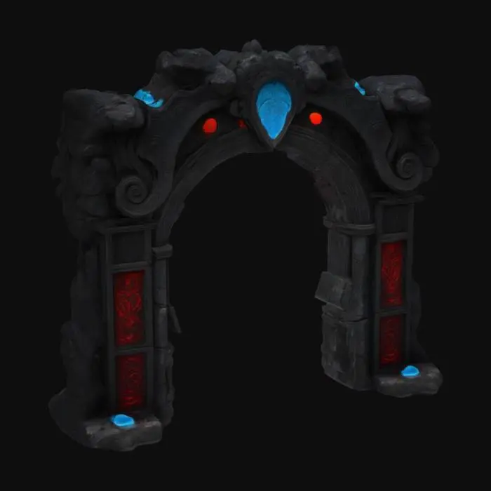 3D model for ancient archway made of dark stone, intricately carved with red ancient carvings. The stone should appear aged and eroded, with cracks running through the surface. The archway is dripping with a glowing, blue ooze, which trickles down the stone, pooling at the base. The ooze should have a liquid, otherworldly texture, emitting a faint bioluminescent glow. Soft ambient light should illuminate the archway, casting eerie reflections on the glowing ooze and emphasizing the detailed carvings and cracked stone. , #arch#,