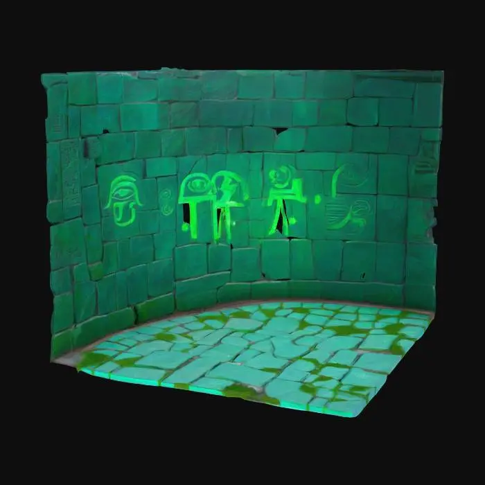 3D model for a curved stone pathway made with green stone and glowing hieroglyphics. Aged and weathered stone. Ancient Pathway. 