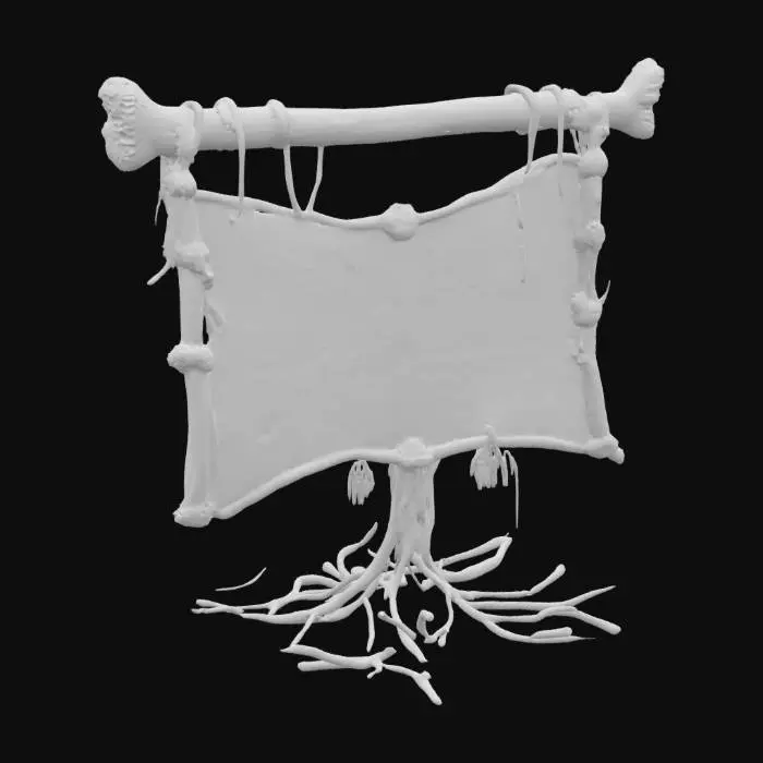 3D model for an ancient billboard made of bone and tree roots suspended with ancient rope. The bone frame of the billboard is etched with hieroglyphics and has a gowing aura of purple, aqua, and gold-ish hue. Ultra realistic and surreal. 
