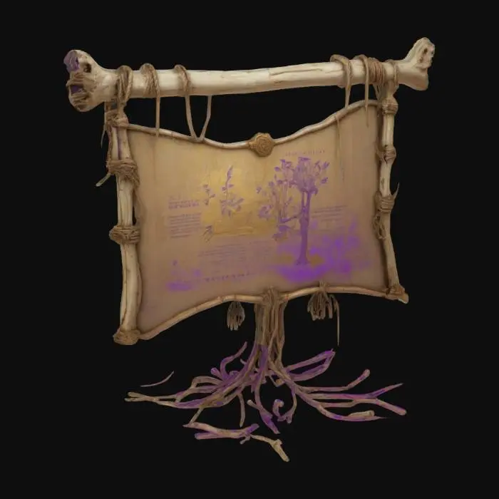 3D model for an ancient billboard made of bone and tree roots suspended with ancient rope. The bone frame of the billboard is etched with hieroglyphics and has a gowing aura of purple, aqua, and gold-ish hue. Ultra realistic and surreal. 
