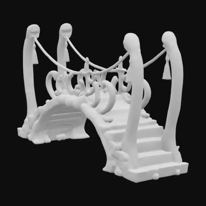 3D model for ancient bridge made of animal bone and rope suspended from even larger animal bone. The bone steps for the bridge are carved with red and gold hieroglyphics. 