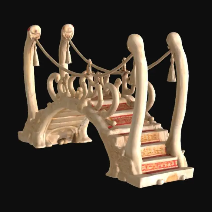 3D model for ancient bridge made of animal bone and rope suspended from even larger animal bone. The bone steps for the bridge are carved with red and gold hieroglyphics. 