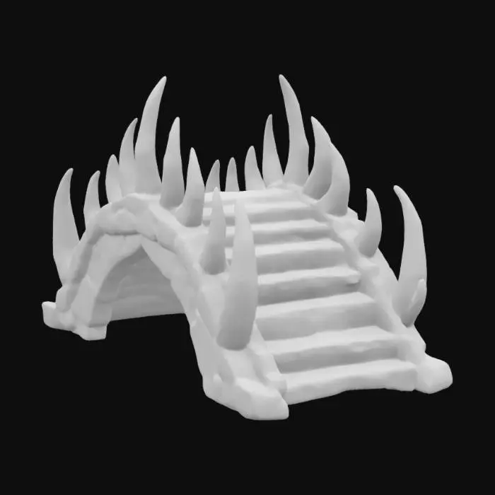 3D model for ancient bridge made of animal bone and weathered bioluminescent rope. The bone steps for the bridge are aged and carved with purple glowing hieroglyphics. Ultra Realistic. 