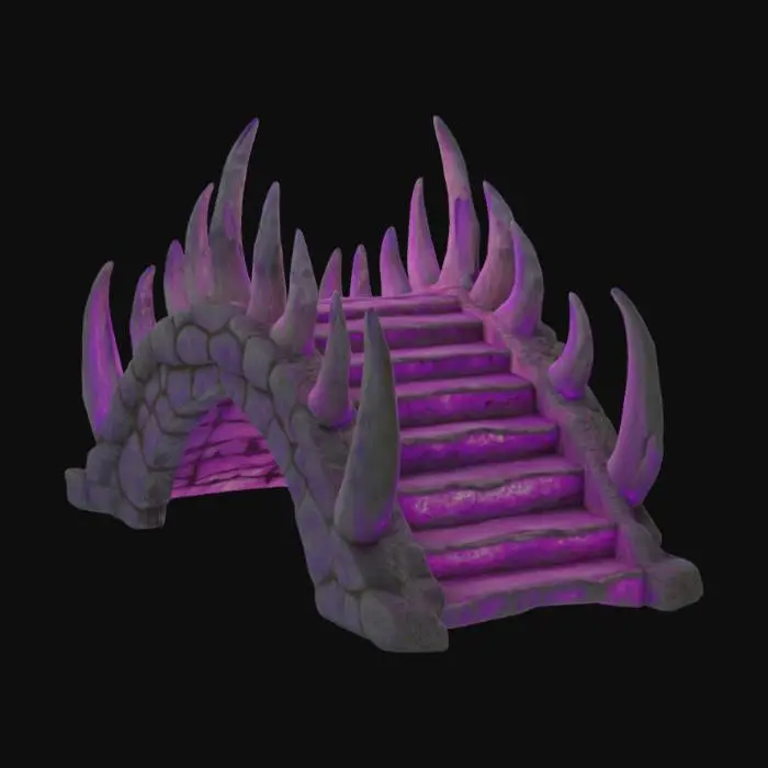 3D model for ancient bridge made of animal bone and weathered bioluminescent rope. The bone steps for the bridge are aged and carved with purple glowing hieroglyphics. Ultra Realistic. 