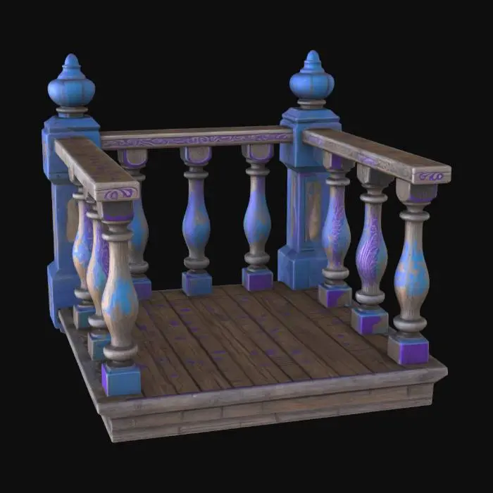 3D model for western railing made of weathered wood and animal bones. BLue and purple carvings etched into the railings. fbx file in game asset. ultra high resolution pbr