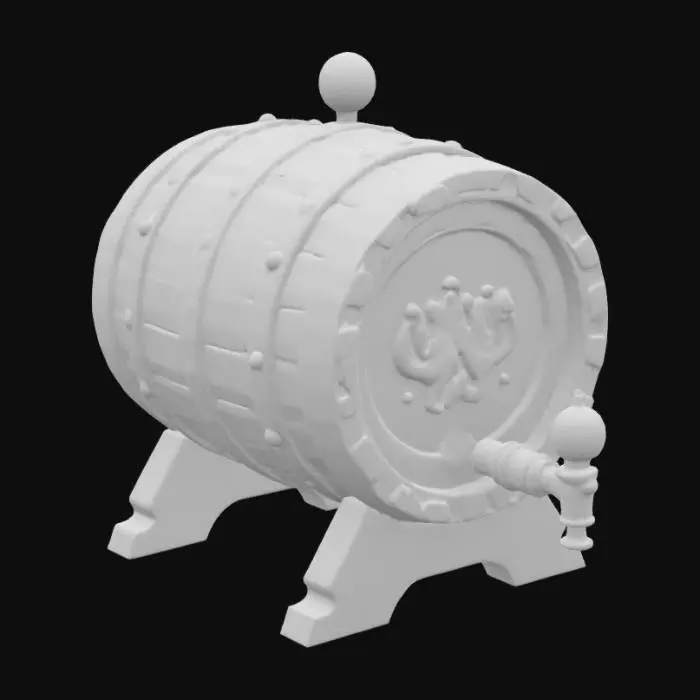 3D model for ancient beer cask made of wood and covered with ancient blue and black carvings. 
