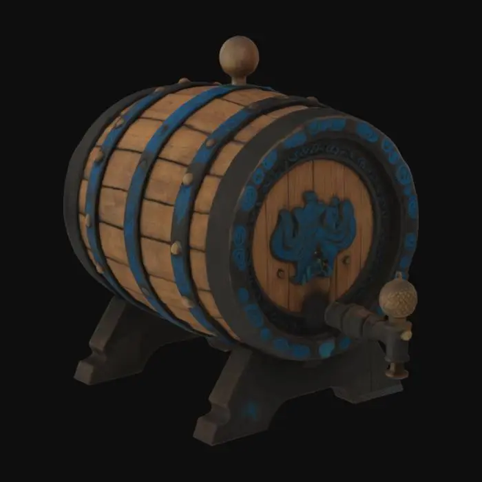 3D model for ancient beer cask made of wood and covered with ancient blue and black carvings. 
