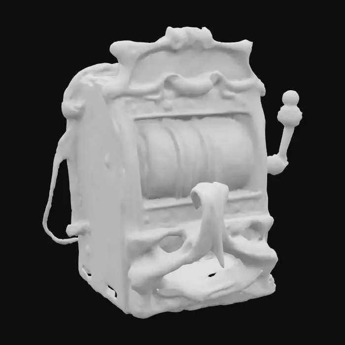 3D model for A slot machine built entirely from interlocked animal bones, weathered and yellowed with age. Each bone is tightly bound with frayed, hand-woven rope, showing signs of ancient ritual use. Glowing blue arcane markings are carved deep into the bone surface, pulsing faintly with magical energy. The lever is a twisted femur, the reels are bone cylinders etched with runes. A faint blue mist seeps from the cracks. Intricate, eerie, and ancient — like a cursed relic from a forgotten civilization.