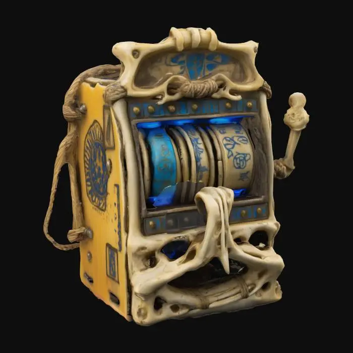 3D model for A slot machine built entirely from interlocked animal bones, weathered and yellowed with age. Each bone is tightly bound with frayed, hand-woven rope, showing signs of ancient ritual use. Glowing blue arcane markings are carved deep into the bone surface, pulsing faintly with magical energy. The lever is a twisted femur, the reels are bone cylinders etched with runes. A faint blue mist seeps from the cracks. Intricate, eerie, and ancient — like a cursed relic from a forgotten civilization.
