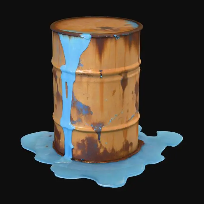 3D model for A rusted, dented metal oil drum lying slightly tilted on its side, surface worn with deep scratches and patches of corrosion. Thick, semi-transparent blue slime oozes slowly from its open lid and cracks, glowing faintly with a bio-luminescent effect. The slime drips and pools on the surrounding ground, spreading unevenly. The drum’s worn hazard symbols are barely visible under grime. Ideal for sci-fi, horror, or post-apocalyptic settings