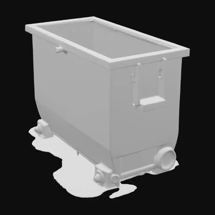 3D model for An old, industrial dumpster made of thick, rusted metal with large dents, chipped green paint, and worn caution labels barely visible beneath grime. The lid is partially open and misaligned, with thick, glowing blue slime seeping out from the seams and overflowing down the sides. The slime is viscous and semi-transparent, forming glowing puddles below. Cracks along the base leak smaller streams. Perfect for horror, sci-fi, or toxic environment scenes.