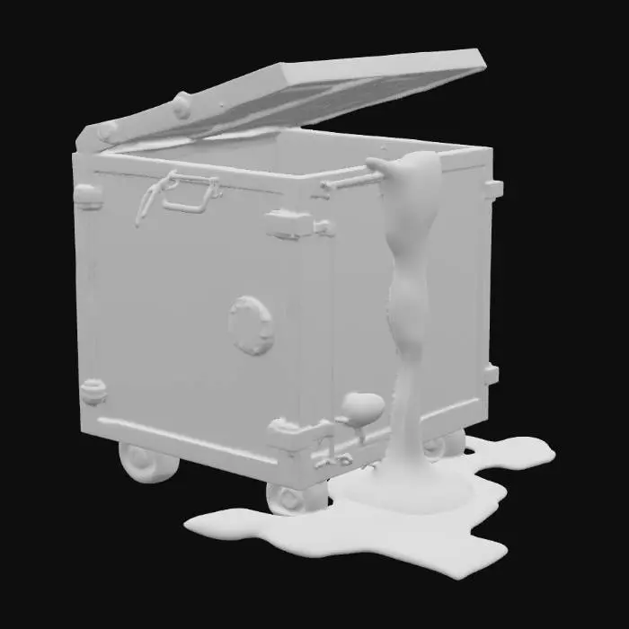 3D model for An old, industrial dumpster made of thick, rusted metal with large dents, chipped green paint, and worn caution labels barely visible beneath grime. The lid is partially open and misaligned, with thick, glowing blue slime seeping out from the seams and overflowing down the sides. The slime is viscous and semi-transparent, forming glowing puddles below. Cracks along the base leak smaller streams. Perfect for horror, sci-fi, or toxic environment scenes.