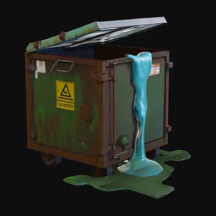3D model for An old, industrial dumpster made of thick, rusted metal with large dents, chipped green paint, and worn caution labels barely visible beneath grime. The lid is partially open and misaligned, with thick, glowing blue slime seeping out from the seams and overflowing down the sides. The slime is viscous and semi-transparent, forming glowing puddles below. Cracks along the base leak smaller streams. Perfect for horror, sci-fi, or toxic environment scenes.