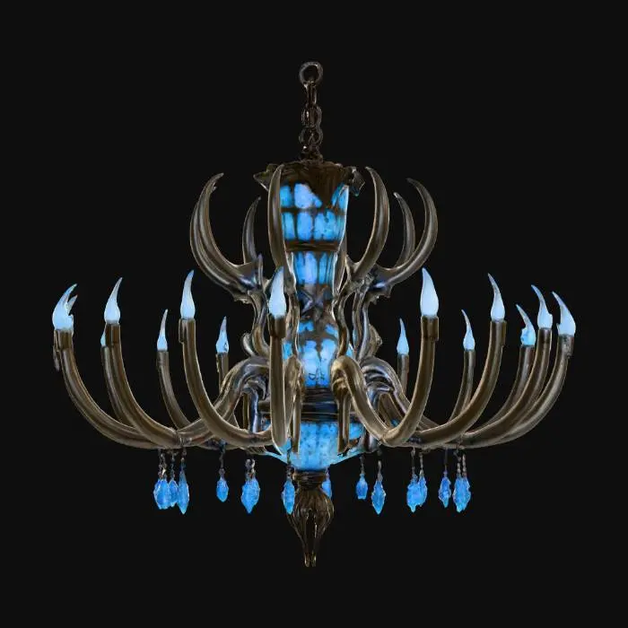 3D model for a ancient chandelier made out of animal bones and etched with glowing blue Nordic markings. The markings are feint but glowing like a bioluminescent glow, #PBR#
