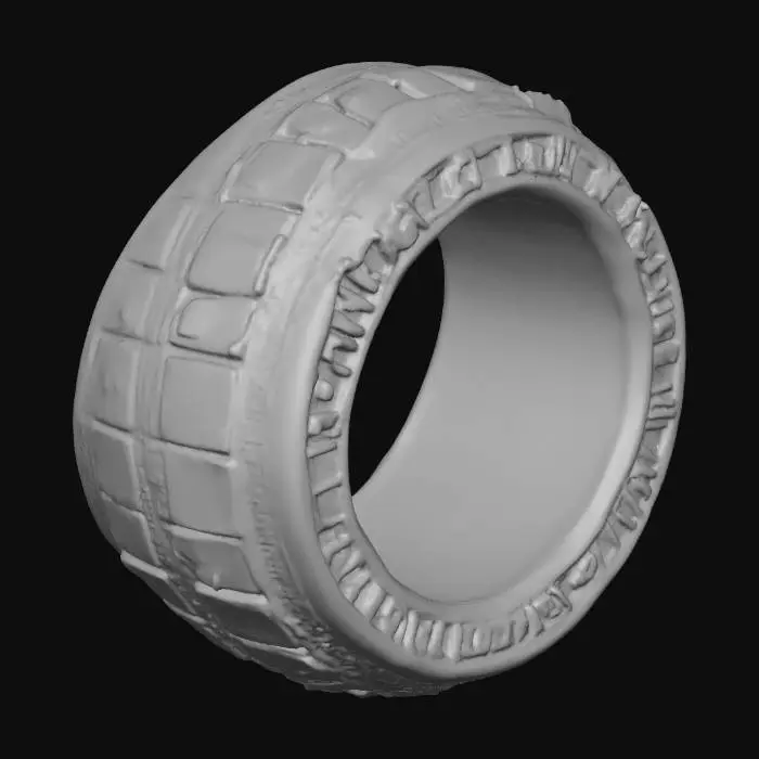 3D model for Create a hyper-realistic Unreal Engine asset of a massive bronze ring, large enough for a character to fly through. The ring should shine with polished bronze, featuring reflective metallic PBR textures that capture light and glimmer with subtle lens flares. Add fine detailing along the edges — engraved ridges, faint ornamental patterns, and micro scratches to give it realism while still appearing magical and pristine. The inner rim should be smooth and highly reflective, amplifying its radiant glow. The outer ring should have ancient hieroglyphic blue-ish markings etched into the ring. Ensure scalable optimization so the ring can be viewed both as a distant landmark and in cinematic close-ups, perfect for flight gameplay.