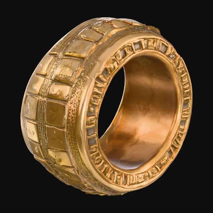 3D model for Create a hyper-realistic Unreal Engine asset of a massive bronze ring, large enough for a character to fly through. The ring should shine with polished bronze, featuring reflective metallic PBR textures that capture light and glimmer with subtle lens flares. Add fine detailing along the edges — engraved ridges, faint ornamental patterns, and micro scratches to give it realism while still appearing magical and pristine. The inner rim should be smooth and highly reflective, amplifying its radiant glow. The outer ring should have ancient hieroglyphic blue-ish markings etched into the ring. Ensure scalable optimization so the ring can be viewed both as a distant landmark and in cinematic close-ups, perfect for flight gameplay.