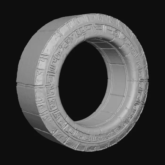 3D model for Create a hyper-realistic Unreal Engine asset of a massive ancient stone ring, large enough for a character to fly through. The ring should shine with aged and weathers stone with grass growing on the edges of the stone, featuring reflective metallic PBR textures that capture light and glimmer with subtle lens flares. Add fine detailing along the edges — engraved ridges, faint ornamental patterns, and micro scratches to give it realism while still appearing magical and pristine. The inner rim should be smooth and highly reflective, amplifying its radiant blue glow. The outer ring should have ancient hieroglyphic markings etched into the stone ring. Ensure scalable optimization so the ring can be viewed both as a distant landmark and in cinematic close-ups, perfect for flight gameplay.