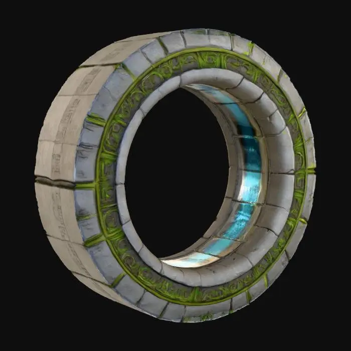 3D model for Create a hyper-realistic Unreal Engine asset of a massive ancient stone ring, large enough for a character to fly through. The ring should shine with aged and weathers stone with grass growing on the edges of the stone, featuring reflective metallic PBR textures that capture light and glimmer with subtle lens flares. Add fine detailing along the edges — engraved ridges, faint ornamental patterns, and micro scratches to give it realism while still appearing magical and pristine. The inner rim should be smooth and highly reflective, amplifying its radiant blue glow. The outer ring should have ancient hieroglyphic markings etched into the stone ring. Ensure scalable optimization so the ring can be viewed both as a distant landmark and in cinematic close-ups, perfect for flight gameplay.