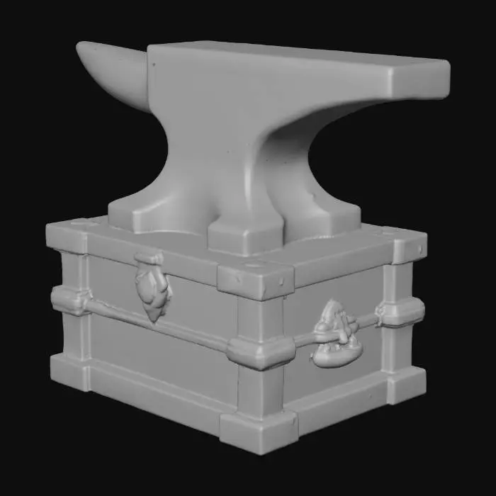 3D model for an ancient anvil carved and ethed with blue-ish ancient carvings. Sitting on a wooden box.