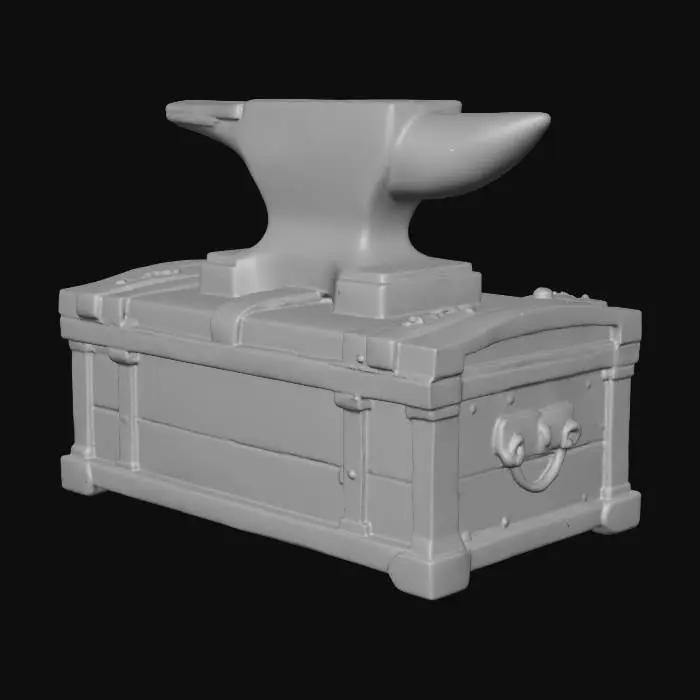 3D model for an ancient anvil carved and etched with blue-ish ancient carvings. Sitting on an wooden tresure chest.