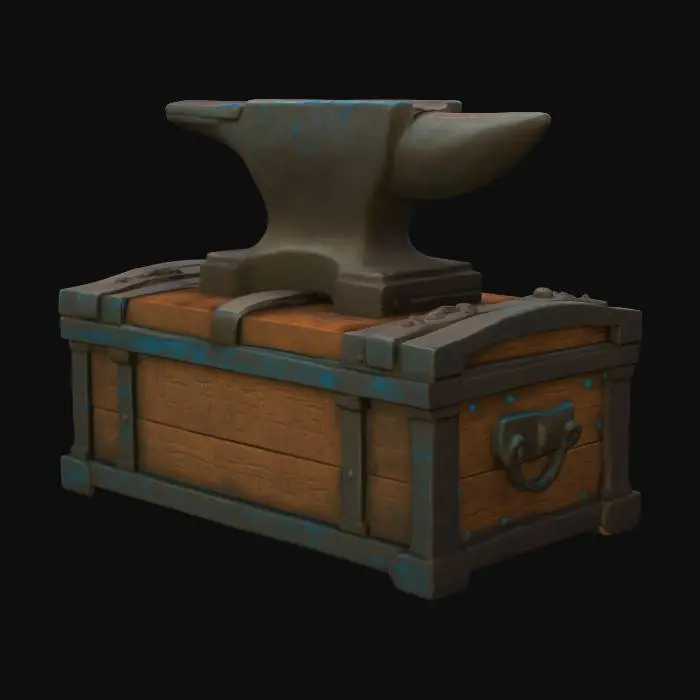3D model for an ancient anvil carved and etched with blue-ish ancient carvings. Sitting on an wooden tresure chest.