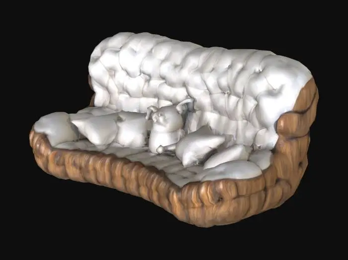 3D model for A voluminous, creamy off-white modular sofa, characterized by its deeply tufted and rounded segments that create a cloud-like, plush form. The soft, textured fabric upholstery gives it a highly inviting and squishy tactile quality. Its low-profile silhouette is adorned with several soft, irregularly shaped plush pillows, including a vibrant green creature and a yellow one-eyed character, adding playful, colorful accents to the substantial, comfortable structure.