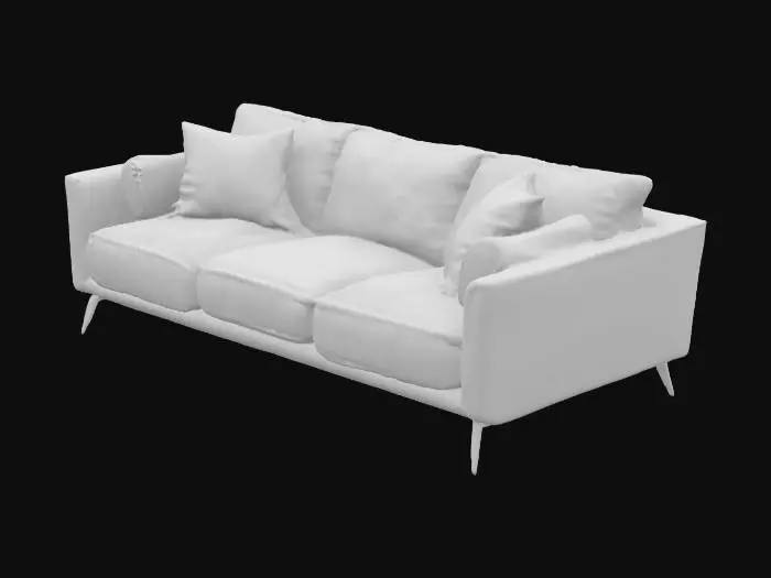 3D model for A modern, low-profile sofa upholstered in a warm, textured burnt orange fabric that offers a soft, inviting tactile quality. It features a three-seat modular design with generously plump, rounded cushions for both the seat and backrest, creating a plush and comfortable appearance. The armrests are gently curved and seamlessly blend with the overall soft, pillowy shape. Two square and one rectangular scatter cushions in the same material complete the cozy aesthetic.