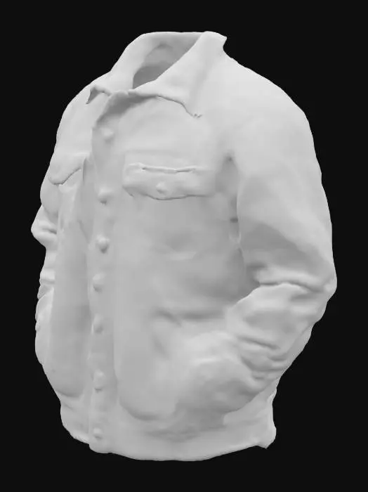 3D model for A distressed, heavy cotton plaid jacket in muted olive green and dark grey, featuring a spread collar and button-front closure. Its surface is adorned with off-white braided rope appliqués forming ornate, swirling patterns on the sleeves and shoulders, complemented by scattered white speckles and a gold-rimmed shield patch. The edges are frayed, giving it a rugged, textured appearance with a slightly stiff yet worn feel.