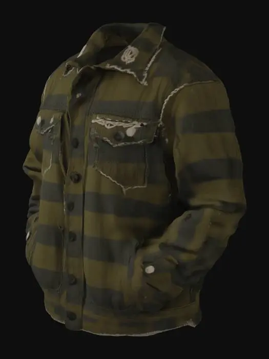 3D model for A distressed, heavy cotton plaid jacket in muted olive green and dark grey, featuring a spread collar and button-front closure. Its surface is adorned with off-white braided rope appliqués forming ornate, swirling patterns on the sleeves and shoulders, complemented by scattered white speckles and a gold-rimmed shield patch. The edges are frayed, giving it a rugged, textured appearance with a slightly stiff yet worn feel.
