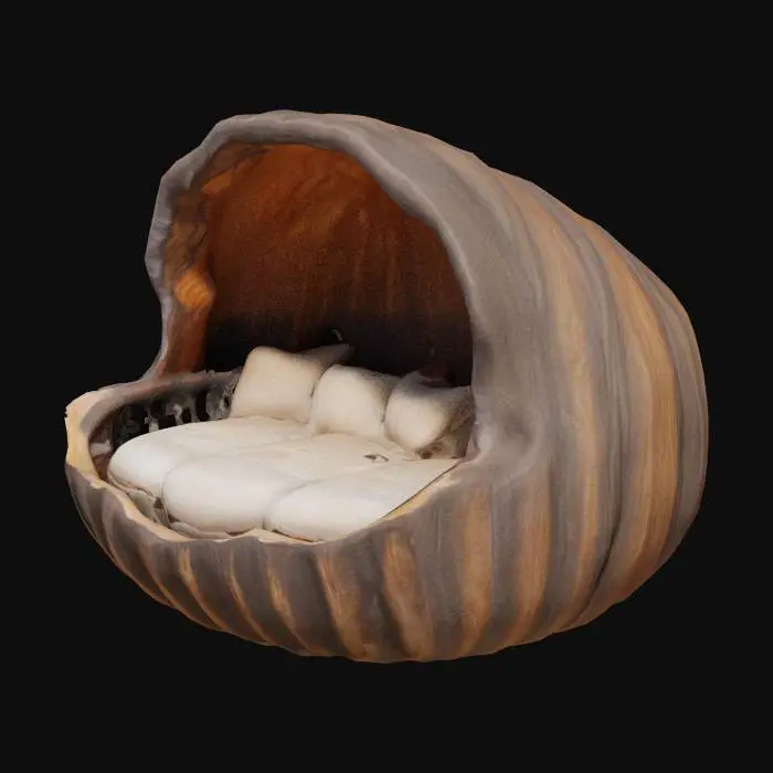 3D model for A large, unique sofa crafted in the organic, irregular shape of a giant clam shell. Its exterior boasts a rough, dark brown, bark-like texture with deep, vertical ridges, giving it a weathered, natural wood appearance. The interior, contrasting sharply, is a smooth, lighter brown with visible wood grain, resembling polished driftwood. Inside, soft, white, plush cushions are nested, providing a comfortable and inviting seating area within the sturdy, sculpted shell.