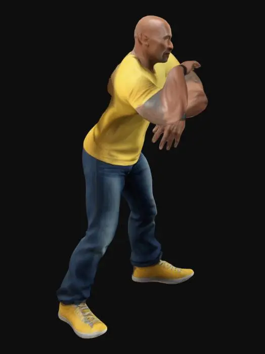 3D model for #realistic# Dwayne Johnson, Yellow T-Shirt, black denim pants, Blue Low-top Sneaker, Highly Detailed, Ultra Realistic, Full Body, A-pose